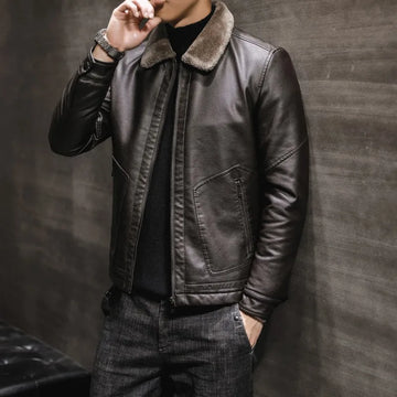 Riolio Casual Punk Rock Thick Leather Coats Slim Windproof Blazer Stand Collar Outwear Men's Pu Leather Jacket Zipper Motorcycle Jacket